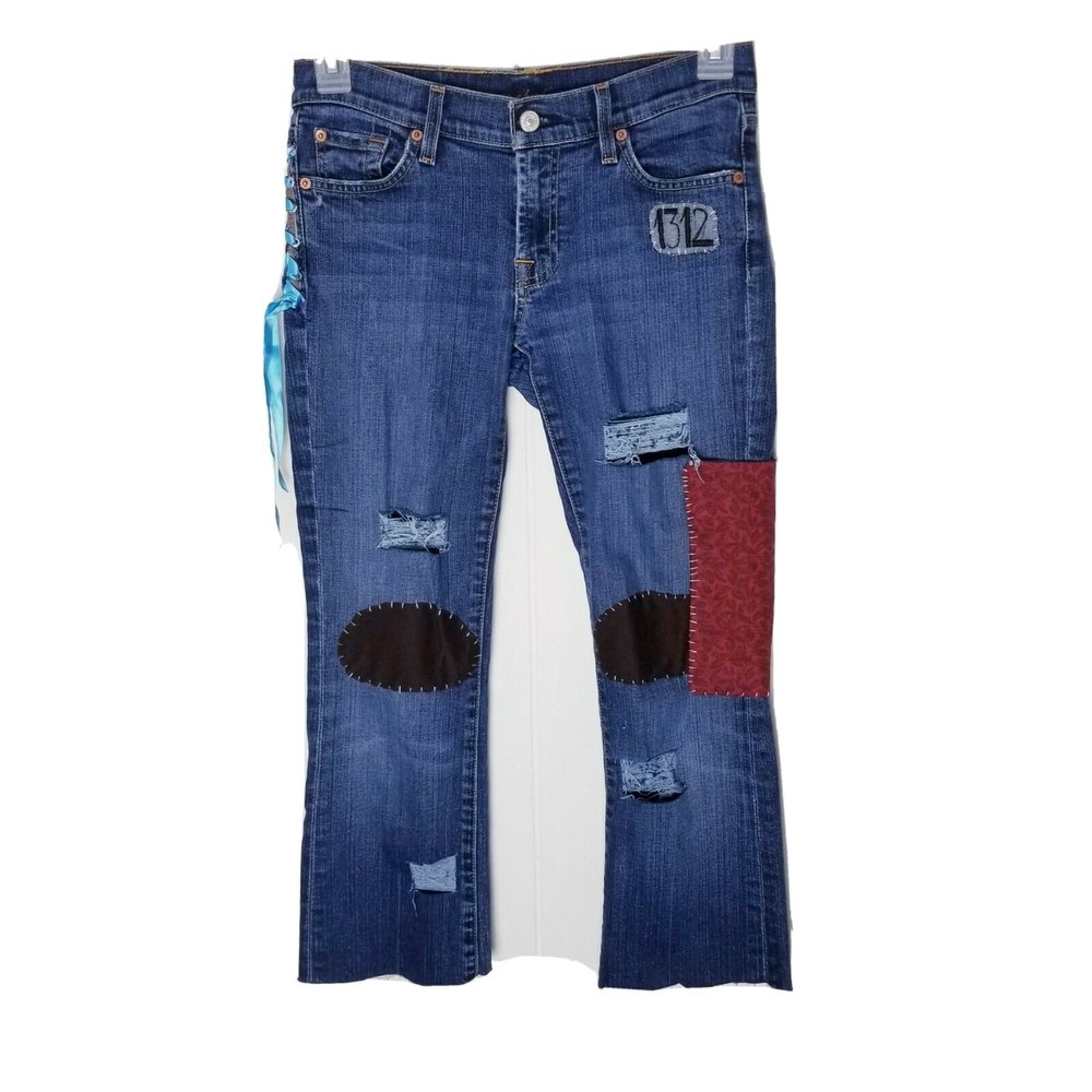 7 For All Mankind Vintage Y2K Ribbon Lace Up Patchwork Jeans 28 Custom Crop 24
